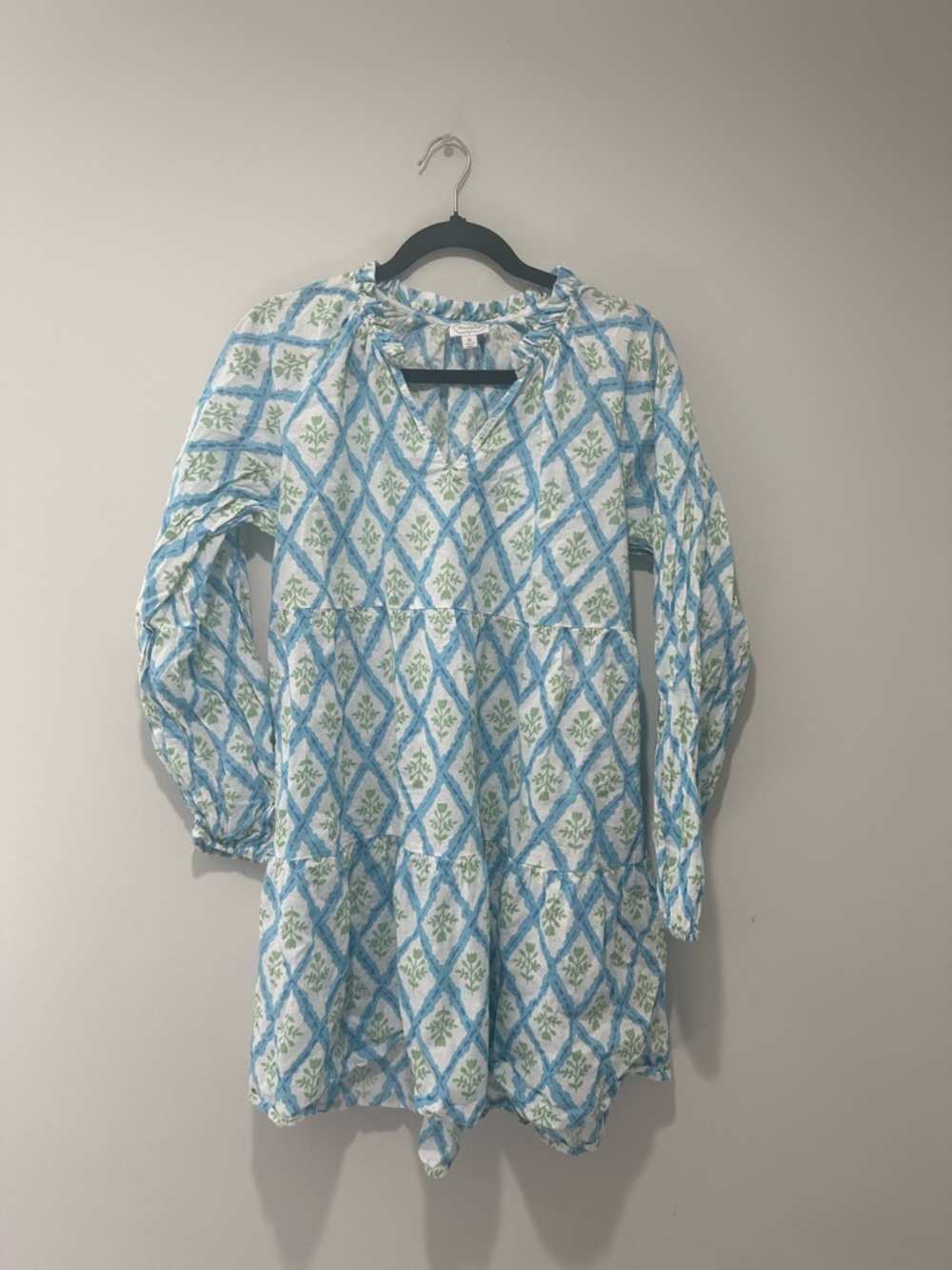 Mud Pie Blue & White Dress with Green Vine Motif
